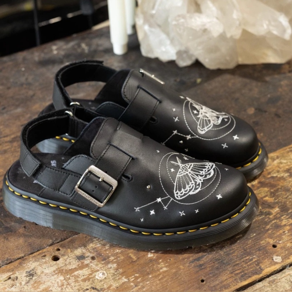 Dr. Martens Black Mules with White Butterfly Design
